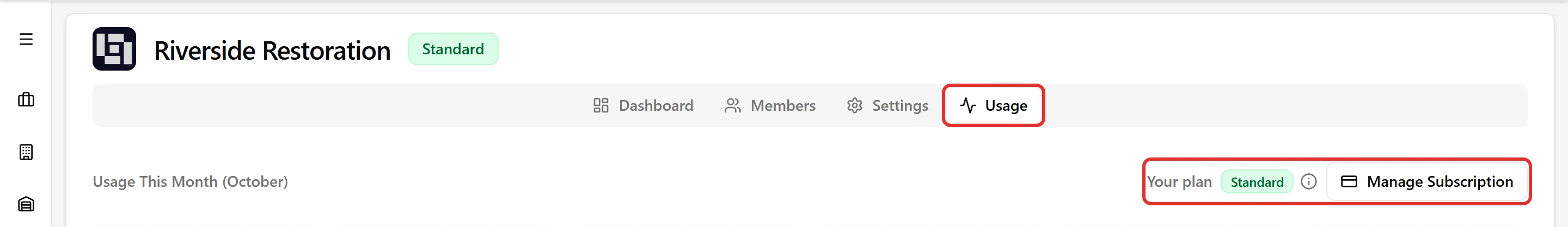 The Organization page’s Usage tab, with Your plan and the Manage Subscription button highlighted