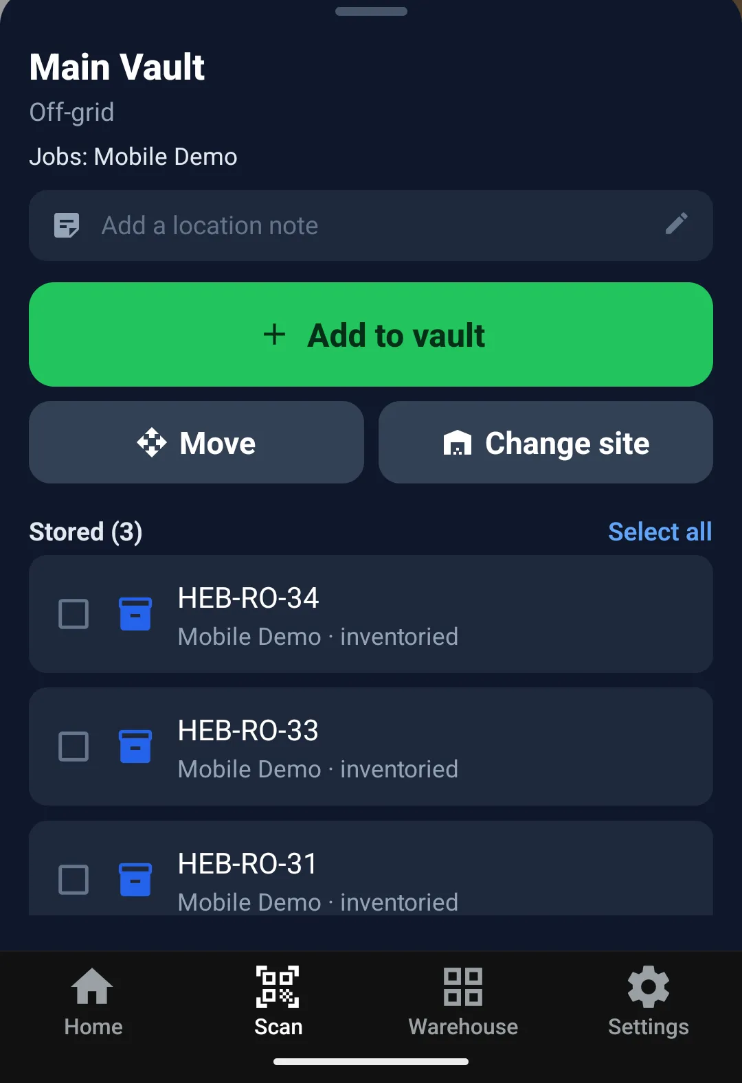 A vault peek showing its coordinates, jobs, and stored codes