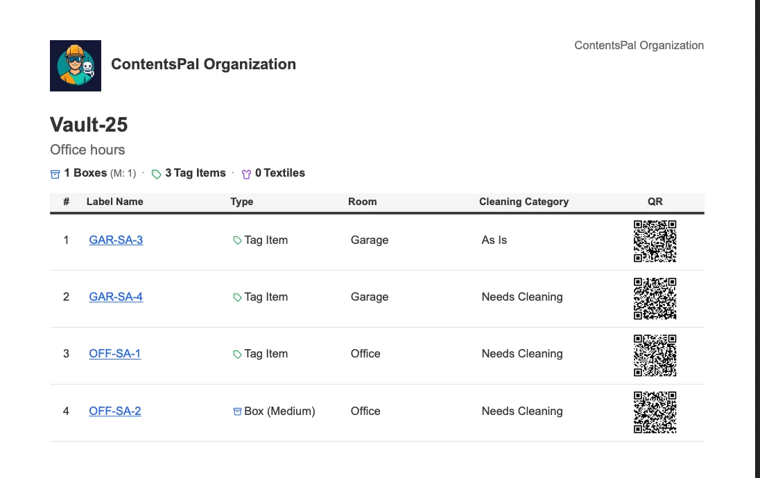 Vault Summary Report contents list with per-label QR codes