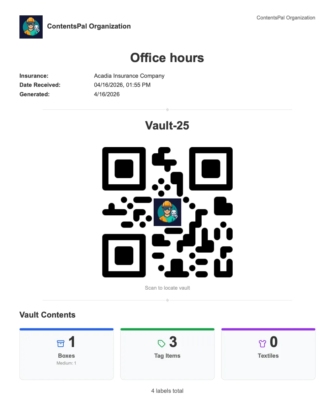 Vault Summary Report cover page with QR code and inventory summary cards