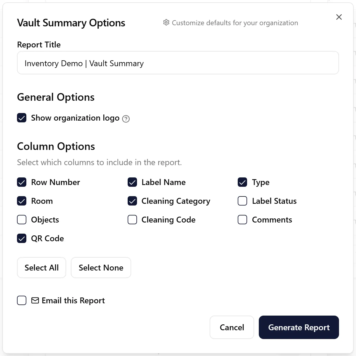 Vault Summary Options dialog with report title, logo toggle, and column options