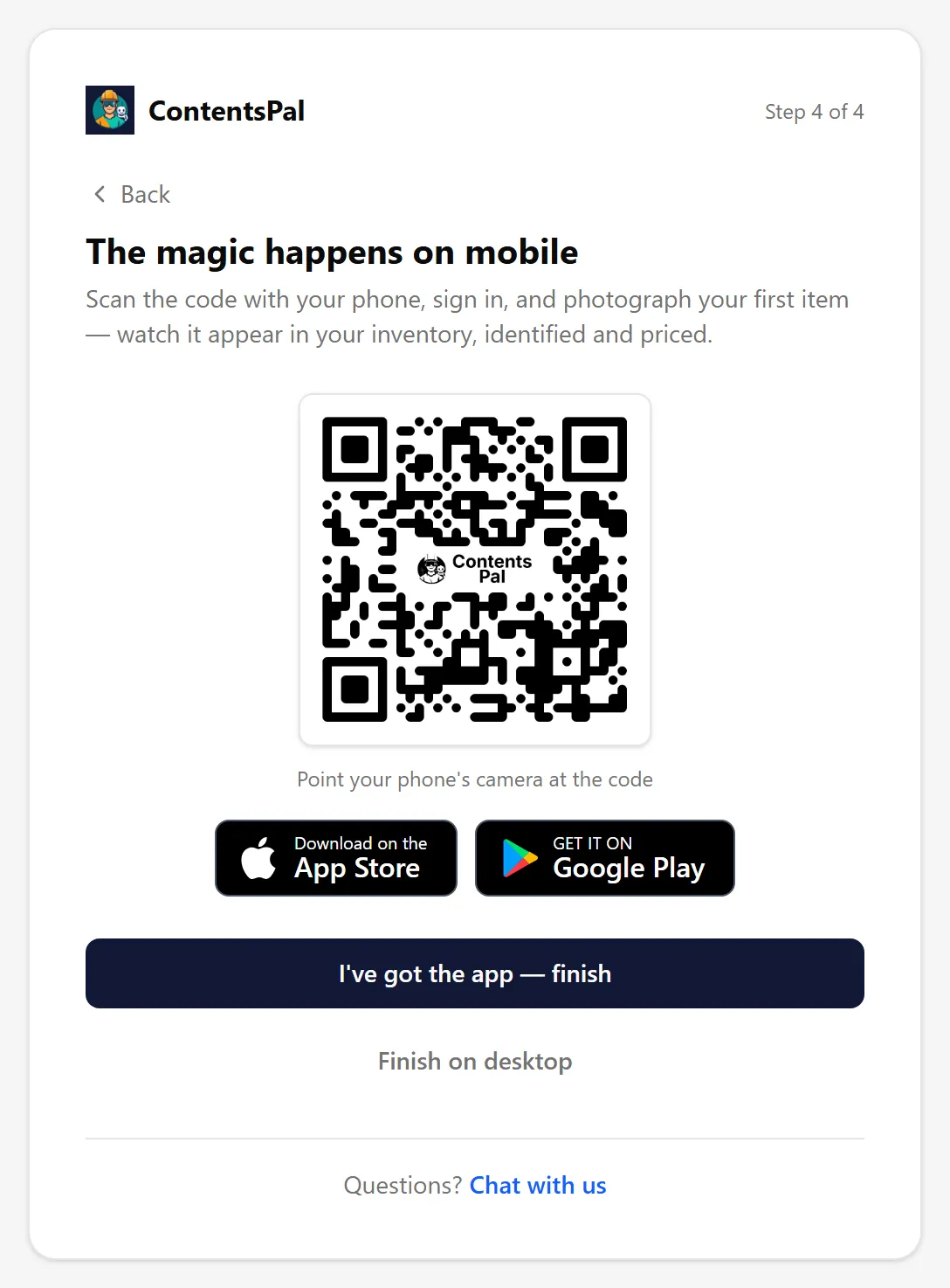 Step 4 of the setup guide: The magic happens on mobile, with the QR code and the store buttons