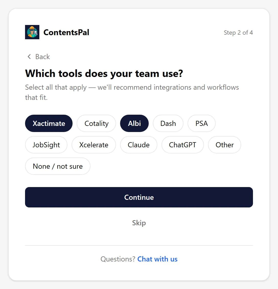 Step 2 of the setup guide: Which tools does your team use?